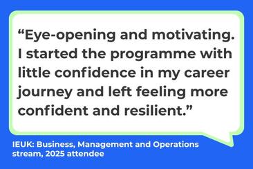 Blue speech bubble that shares a testimonial about why it's worth taking part in IEUK.