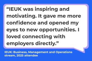 Blue speech bubble that shares a testimonial about why it's worth taking part in IEUK.