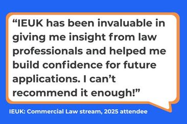Blue speech bubble that shares a testimonial about why it's worth taking part in IEUK.