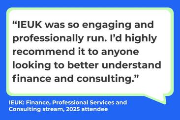 Blue speech bubble that shares a testimonial about why it's worth taking part in IEUK.