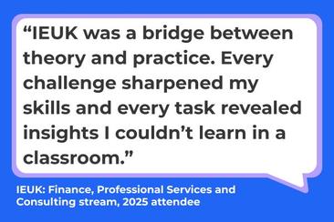Blue speech bubble that shares a testimonial about why it's worth taking part in IEUK.