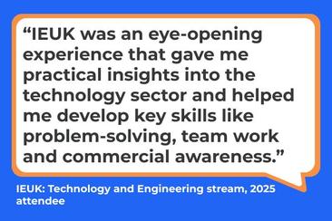 Blue speech bubble that shares a testimonial about why it's worth taking part in IEUK.