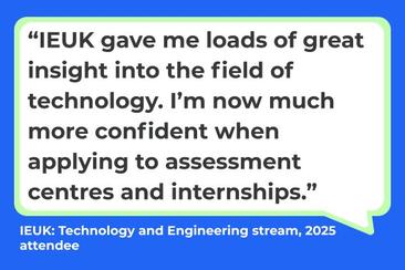 Blue speech bubble that shares a testimonial about why it's worth taking part in IEUK.
