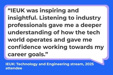 Blue speech bubble that shares a testimonial about why it's worth taking part in IEUK.
