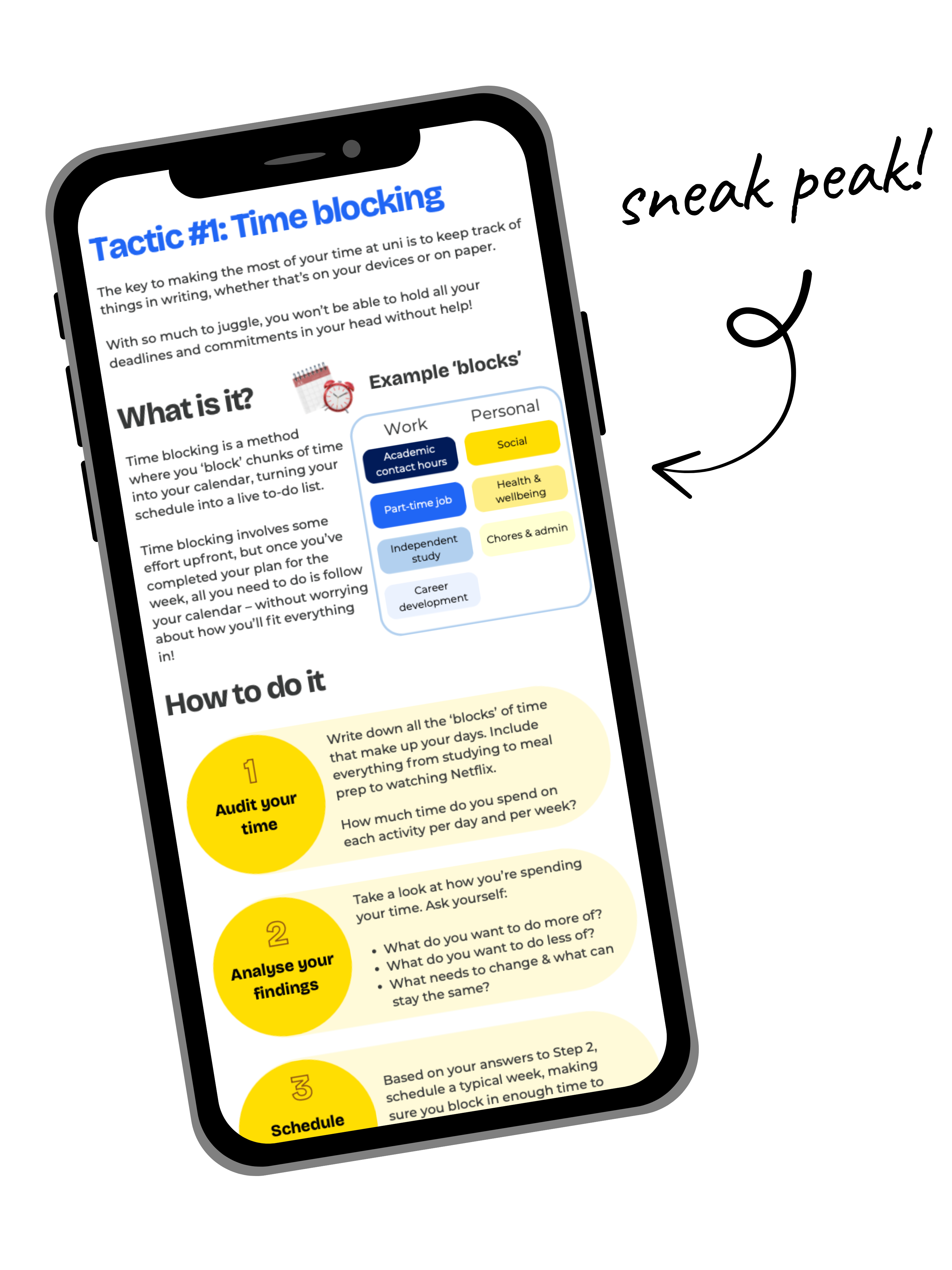 Sneak peak of the time management toolkit displayed on a phone