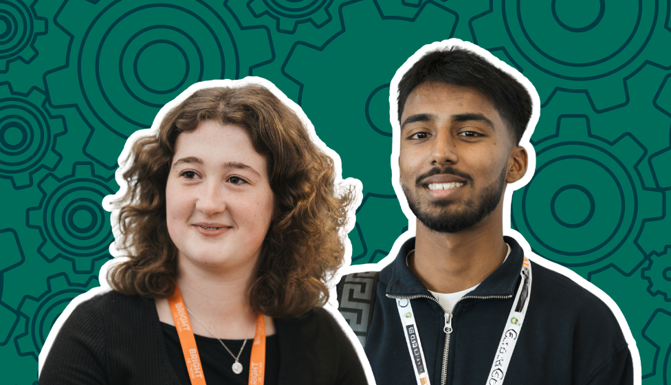 Two students in front of a turquoise background with a cog pattern