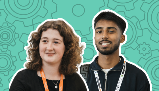 Two students in front of a turquoise background with a cog pattern