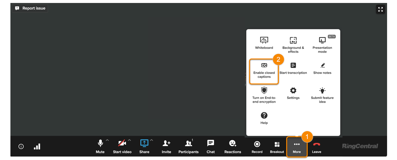 A screenshot showing how to add closed captioning on RingCentral.