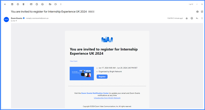 A screenshot of an email from Zoom events asking you to register for an event