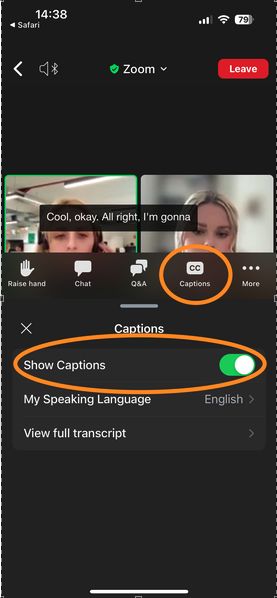 A screenshot showing the Closed Captions button on Zoom