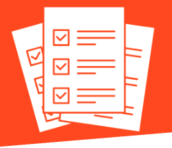 Graphic with orange background and an outline of three white checklists