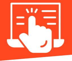 Graphic with orange background and white outline of a laptop screen and a hand clicking the screen