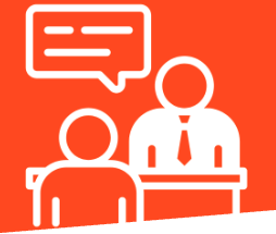 Graphic with an orange background and white outline of and interviewer asking an interviewee a question