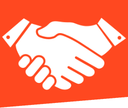 Graphic with an orange background and a white outline of two hands shaking