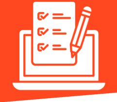 Graphic with an orange background and an outline of a white laptop and checklist with a pencil