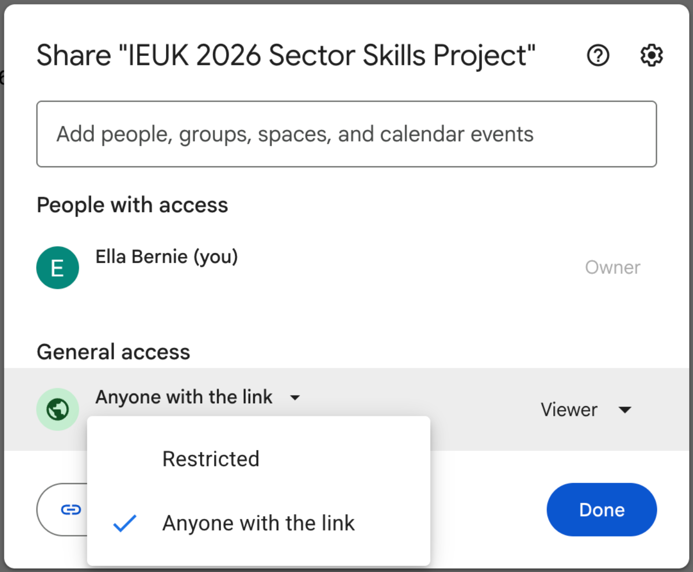 Screenshot of how to share a document in Google Drive
