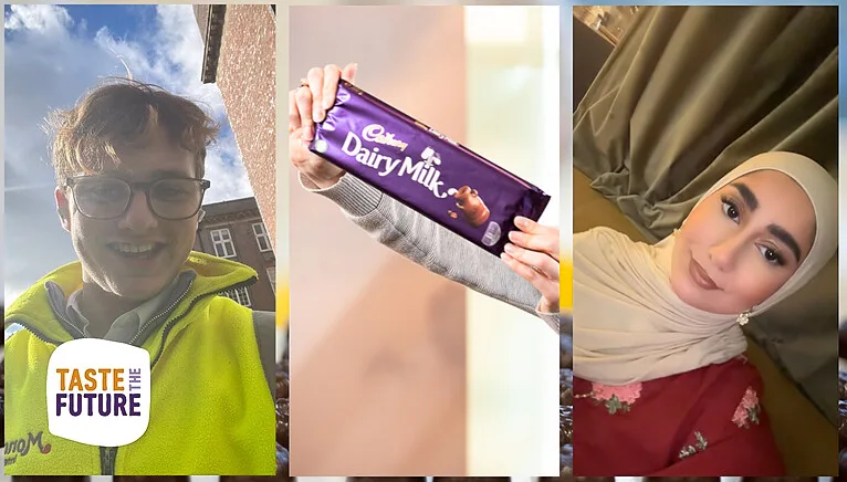 Head shots of Ollie and Zeba and an image of Dairy Milk chocolate