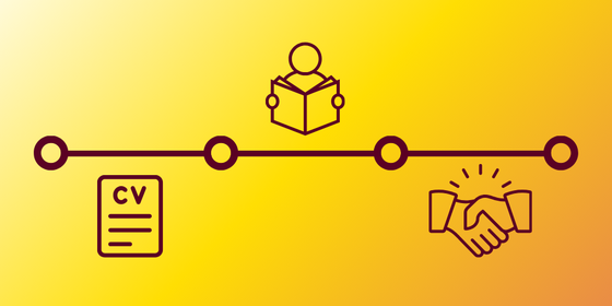 A horizontal timeline with icons of a CV, studying student and a handshake on an orange background