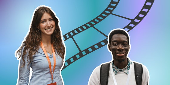 A blue background with two Bright Network members and a reel of film