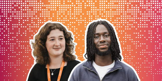 Two Bright Network members on a background with dots representing technology & AI
