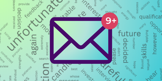 Email icon with word cloud of rejection-email phrases around it, with words including 'unfortunately,' 'candidate' and 'application'