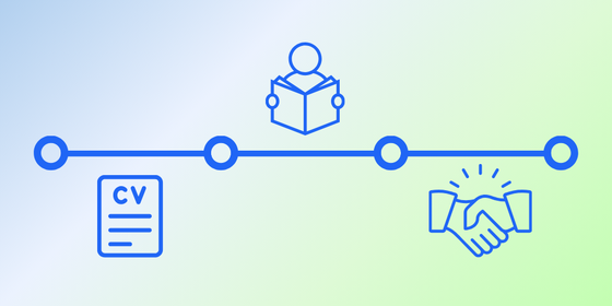 A horizontal timeline with icons of a CV, studying student and a handshake