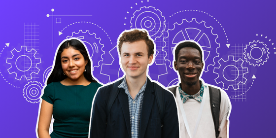 Three Bright Network members against a purple background with illustrated cogs