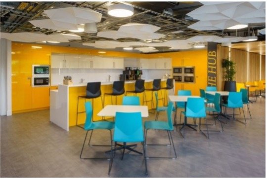 The LCP Winchester office with a yellow kitchen with blue chairs