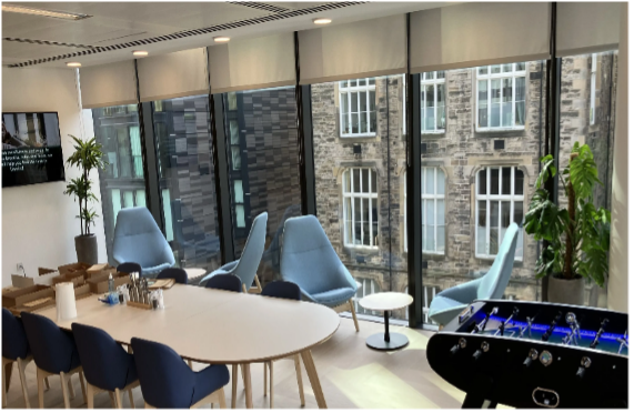 The LCP Edinburgh office with a pool table, chairs and plants