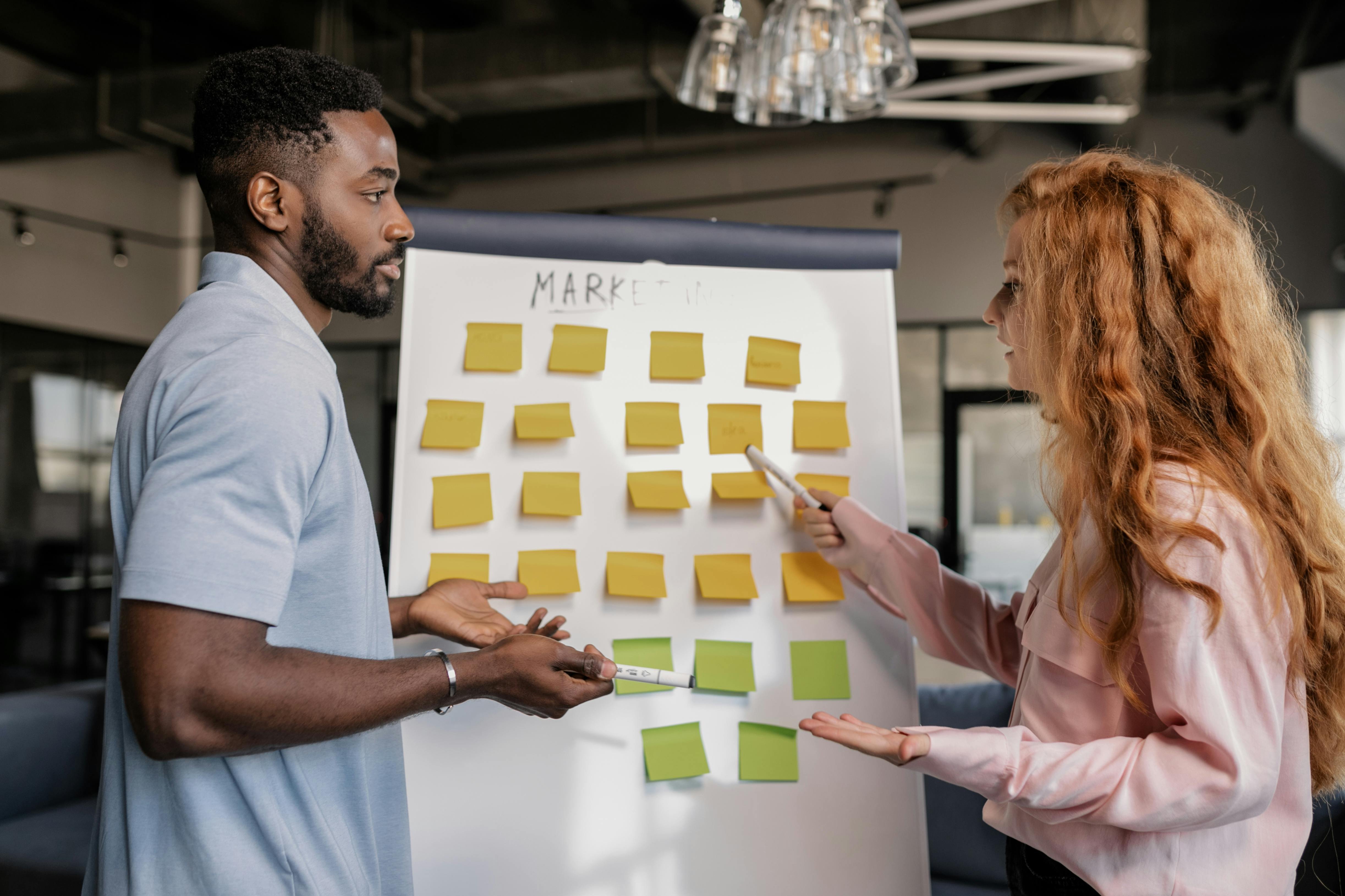 A man and a woman looking at a flip chart with "Marketing" written on it and lots of yellow and green post-its stuck on it.
