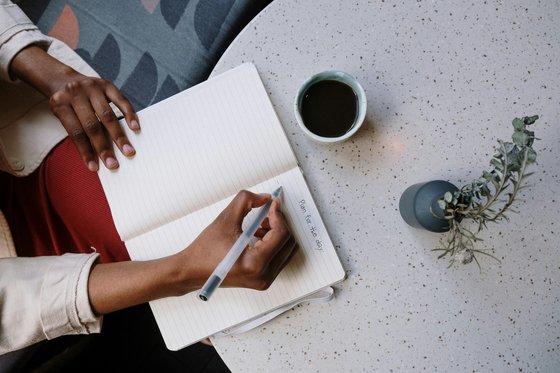 Person writing "Plan for the day" in a notebook.