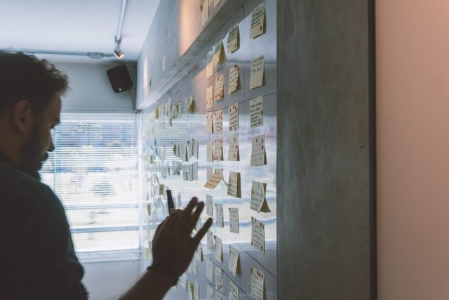 Man arranging post-its on a wall