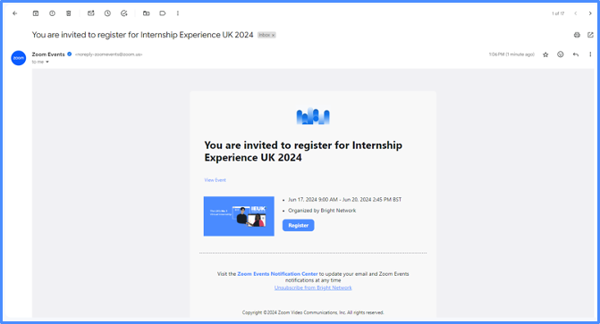A screenshot of an email from Zoom events asking you to register for an event